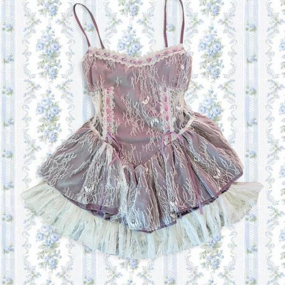 Pastellove Women's Asian M Purple White Lace Corset Dress Ruffles Zipper NWT